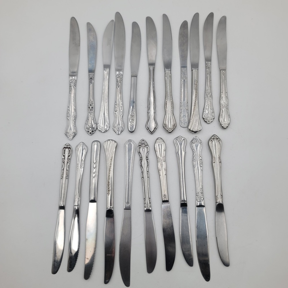 21pc Mixed Lot Floral Stainless Steel Dinner Knives Mismatched Flatware Set